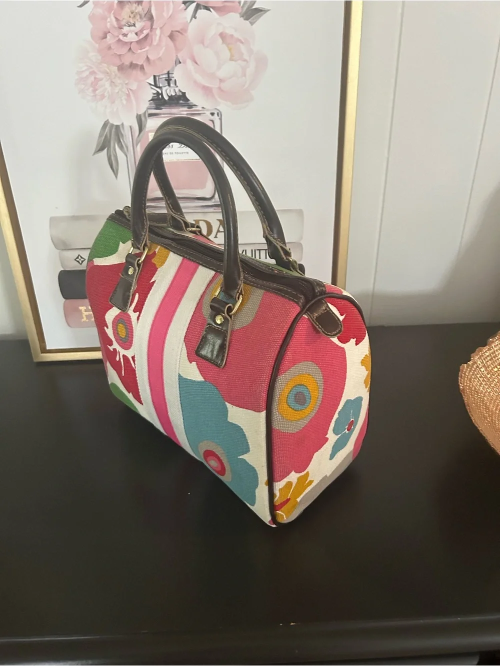 Vintage Y2K Victoria’s Secret Floral Canvas Satchel Handbag Striped Bowling bag